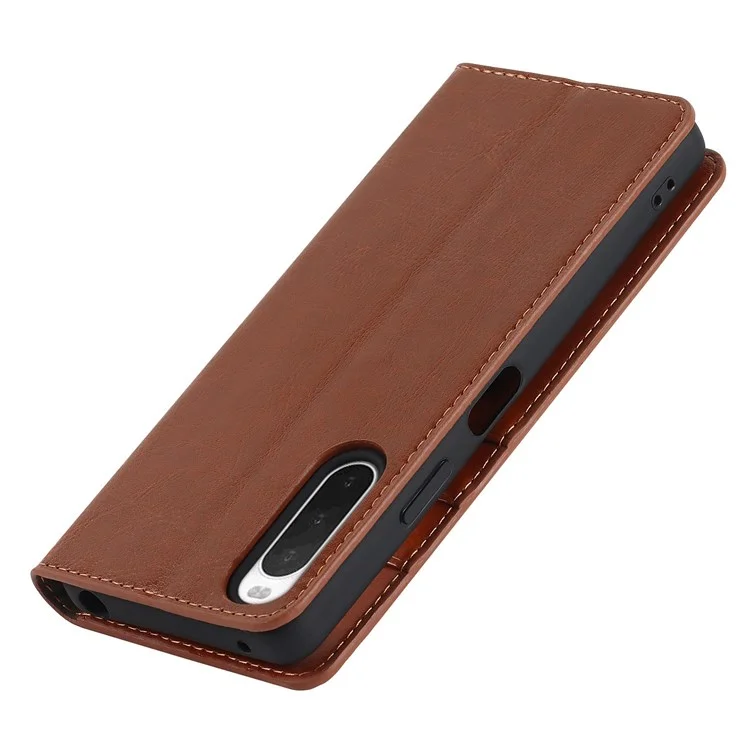 Per Sony Xperia 10 IV Copertura Vera Flip Vera Copertura Pazzo Texture a Cavallo Orizzontale Visione Orizzontale Guscio di Assorbimento Magnetico - Marrone Chiaro