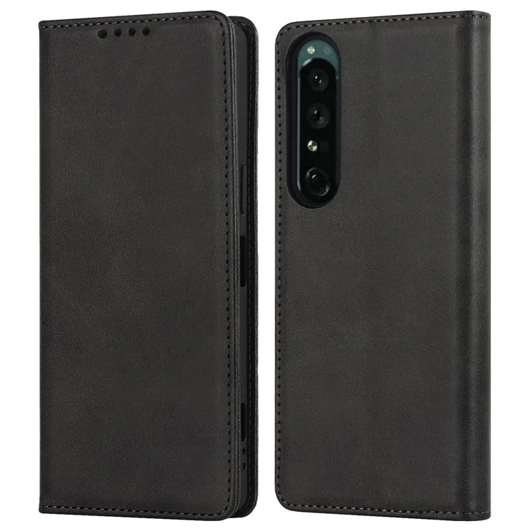 Für Sony Xperia 1 IV PU Leder Schutzschutzdeckel Automatisch Absorbiertes Brieftaschenständer Design Telefonhülle - Schwarz