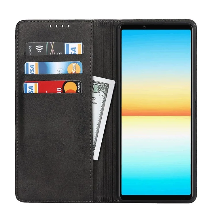Für Sony Xperia 1 IV PU Leder Schutzschutzdeckel Automatisch Absorbiertes Brieftaschenständer Design Telefonhülle - Schwarz