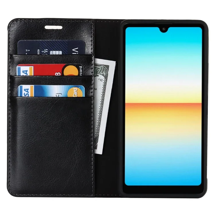 For Sony Xperia Ace III Genuine Leather Phone Case, Anti-scratch Wallet Stand Crazy Horse Texture Shell - Black