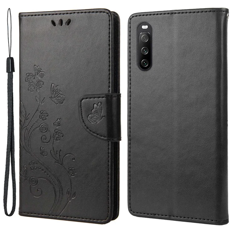 Para la Caja de Billetera Impresa de Flores de Mariposa de Sony Xperia 10 Iv, la Cubierta de Soporte de Cuero PU Con Correa Para la Mano - Negro