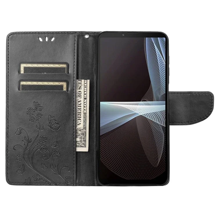 Para la Caja de Billetera Impresa de Flores de Mariposa de Sony Xperia 10 Iv, la Cubierta de Soporte de Cuero PU Con Correa Para la Mano - Negro