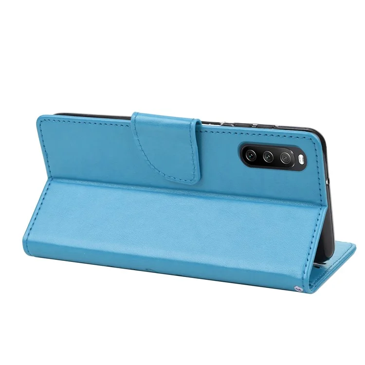 Para Sony Xperia 10 IV Mariposa Flor Impresa Funda de Cartera, Funda Abatible de Piel PU con Correa de Mano - Azul