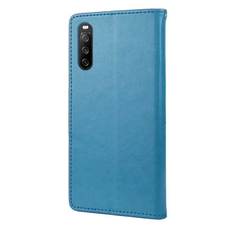 Para Sony Xperia 10 IV Mariposa Flor Impresa Funda de Cartera, Funda Abatible de Piel PU con Correa de Mano - Azul