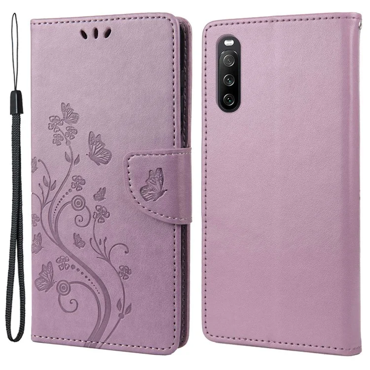 Para la Caja de Billetera Impresa de Flores de Mariposa de Sony Xperia 10 Iv, la Cubierta de Soporte de Cuero PU Con Correa Para la Mano - Púrpura Ligera