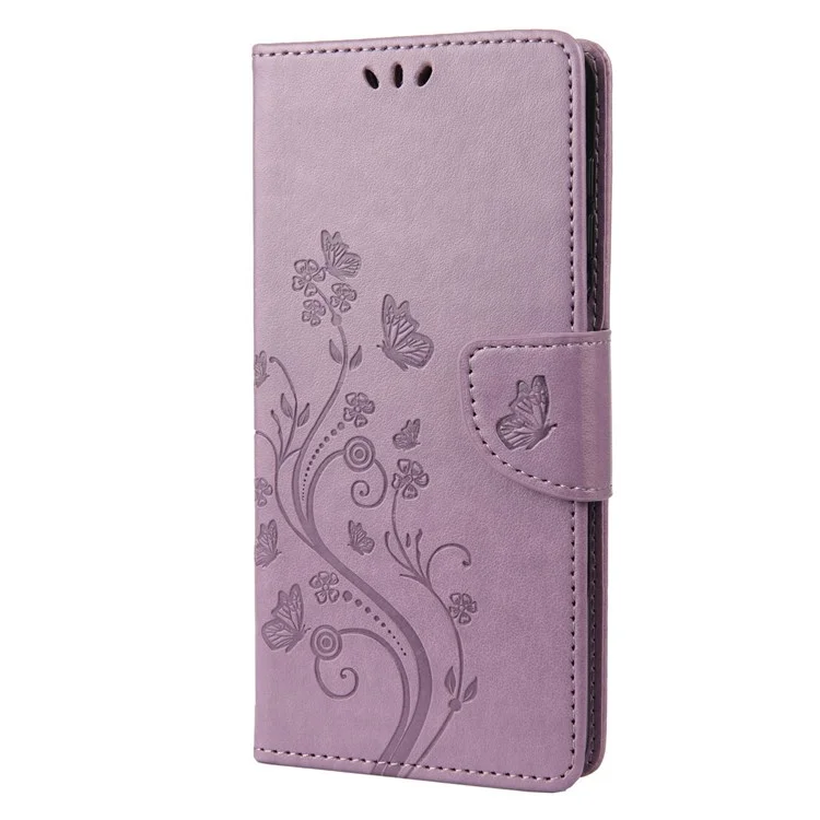 Para la Caja de Billetera Impresa de Flores de Mariposa de Sony Xperia 10 Iv, la Cubierta de Soporte de Cuero PU Con Correa Para la Mano - Púrpura Ligera