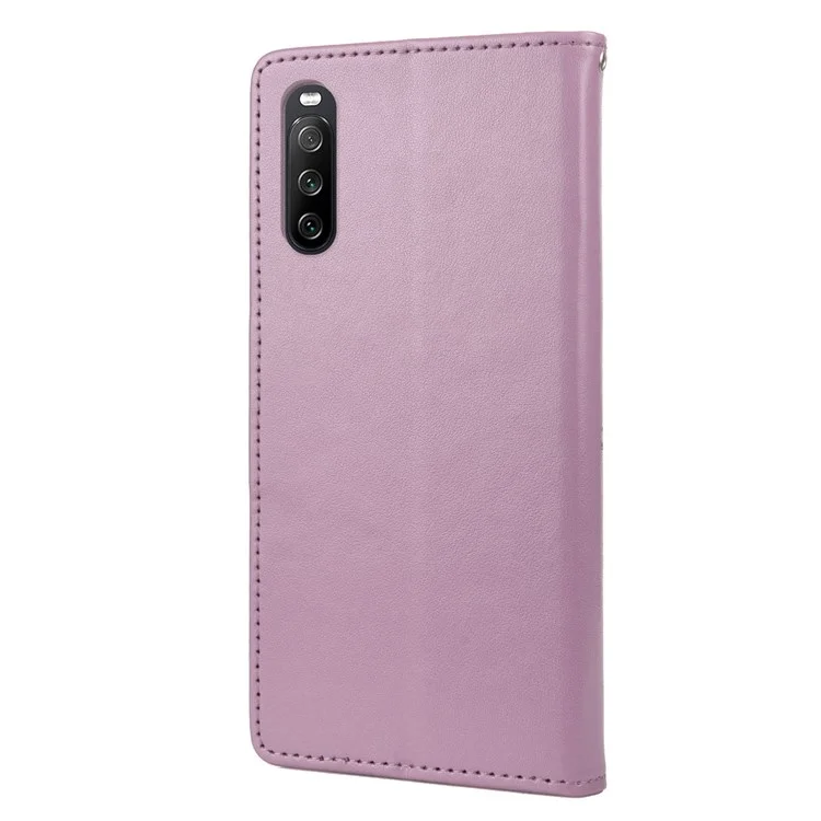 Para la Caja de Billetera Impresa de Flores de Mariposa de Sony Xperia 10 Iv, la Cubierta de Soporte de Cuero PU Con Correa Para la Mano - Púrpura Ligera