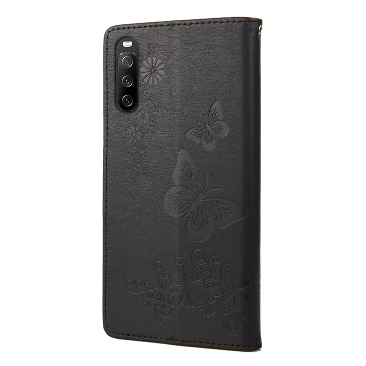 Für Sony Xperia 10 IV Scratch Proof Wallet Hülle Schmetterlingsblume Eingeprägte PU Lederständer Flip Cover Mit Handgurt - Schwarz