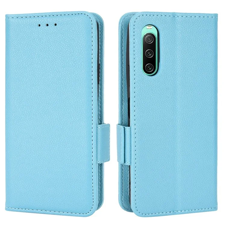 For Sony Xperia 10 IV Phone Cover, Side Buckle Litchi Texture Leather Phone Case Wallet Stand Design PU Leather Case - Baby Blue