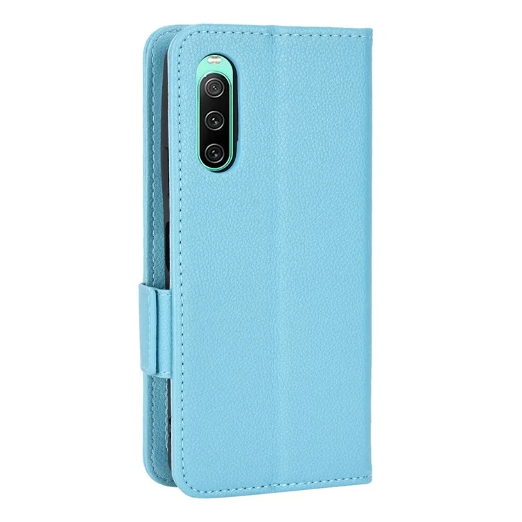 For Sony Xperia 10 IV Phone Cover, Side Buckle Litchi Texture Leather Phone Case Wallet Stand Design PU Leather Case - Baby Blue