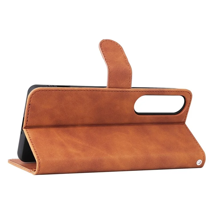 Skin Touch Feeling Wallet Case for Sony Xperia 1 IV, PU Leather Shockproof TPU Anti-Fall Folding Stand Cover - Brown