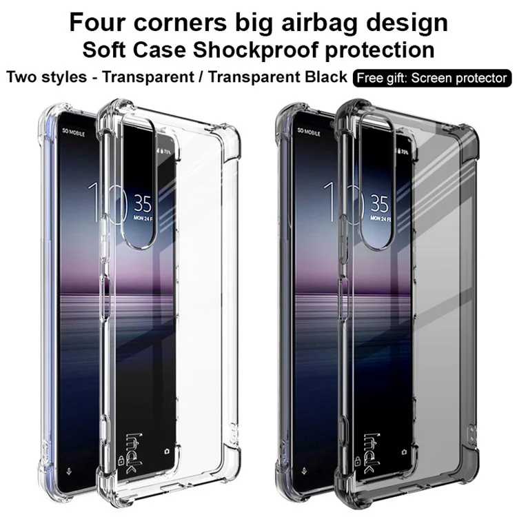 IMAK for Sony Xperia 1 IV Soft TPU Case Shock-Absorbing Four-Corner Airbag Protection Cover with Screen Protector - Transparent Black