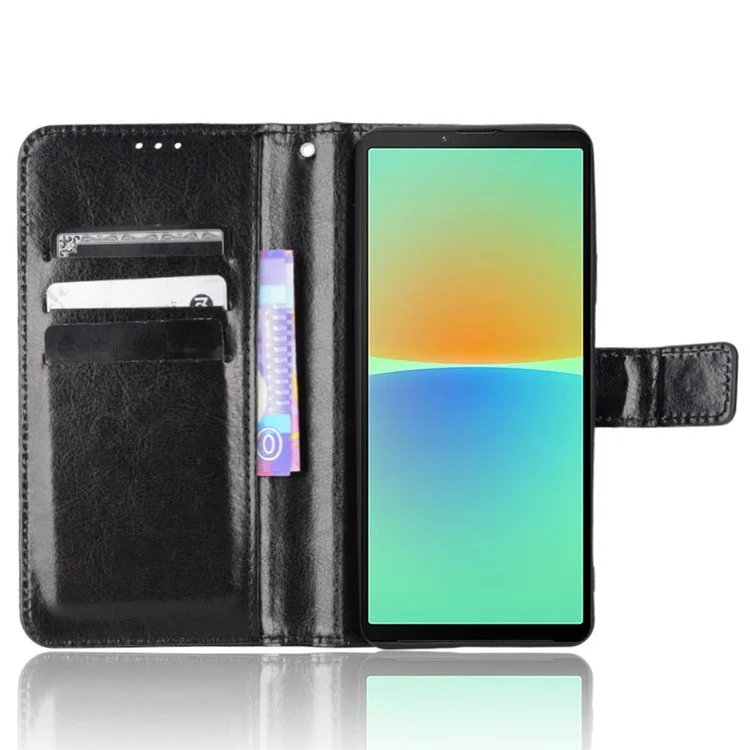 Wallet-Handyhülle für Sony Xperia 10 IV, Crazy Horse-Textur PU-Leder-Flip-Standabdeckung mit Gurt - Schwarz