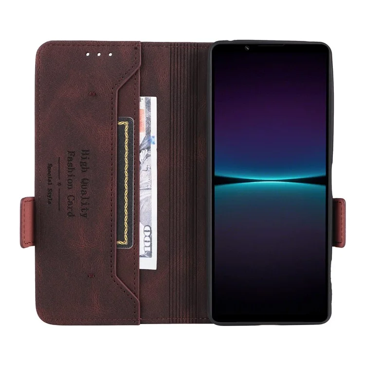 Für Sony Xperia 1 IV PU Lederschockdicht Hardware Design Telefon Hülle Wallet Stand Folio Flip Cover - Kaffee