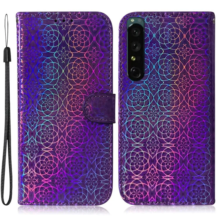 Für Sony Xperia 1 IV Anti-fall-stall-leder-flip-hülle Phone Schutzschale Schillernblumenmuster Magnetische Telefonabdeckung Mit Standbrieftasche - Violett