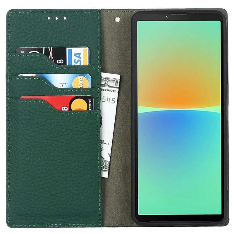 For Sony Xperia 10 IV 5G Shockproof Genuine Leather Case Litchi Texture Wallet Stand Anti-scratch Phone Shell with Hand Strap - Green