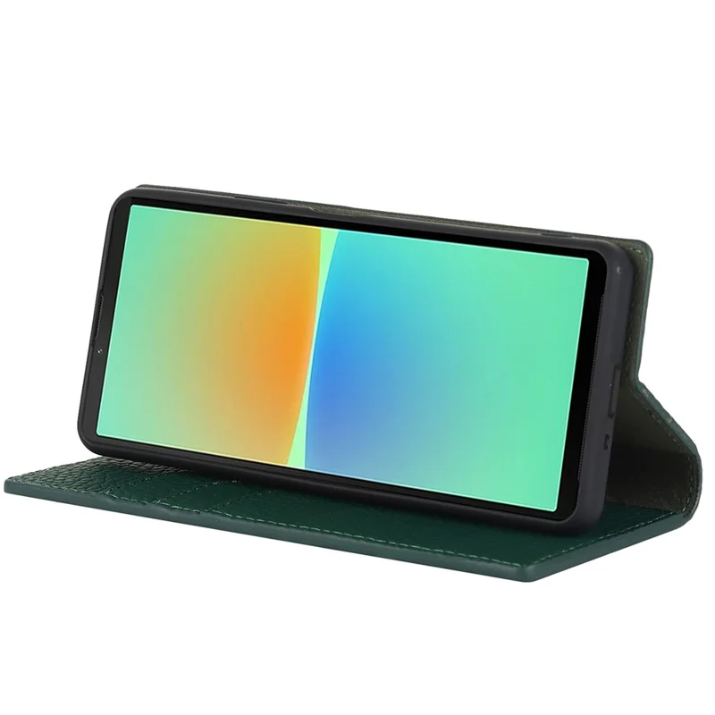 For Sony Xperia 10 IV 5G Shockproof Genuine Leather Case Litchi Texture Wallet Stand Anti-scratch Phone Shell with Hand Strap - Green