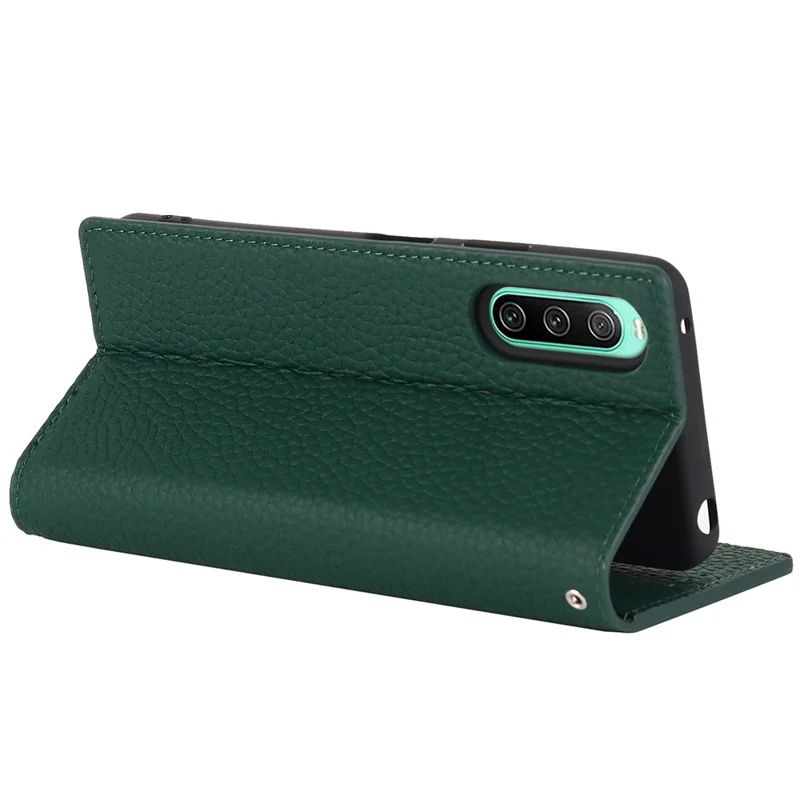 For Sony Xperia 10 IV 5G Shockproof Genuine Leather Case Litchi Texture Wallet Stand Anti-scratch Phone Shell with Hand Strap - Green