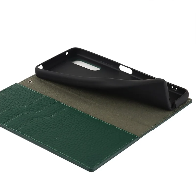 For Sony Xperia 10 IV 5G Shockproof Genuine Leather Case Litchi Texture Wallet Stand Anti-scratch Phone Shell with Hand Strap - Green