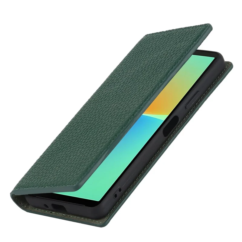 For Sony Xperia 10 IV 5G Shockproof Genuine Leather Case Litchi Texture Wallet Stand Anti-scratch Phone Shell with Hand Strap - Green