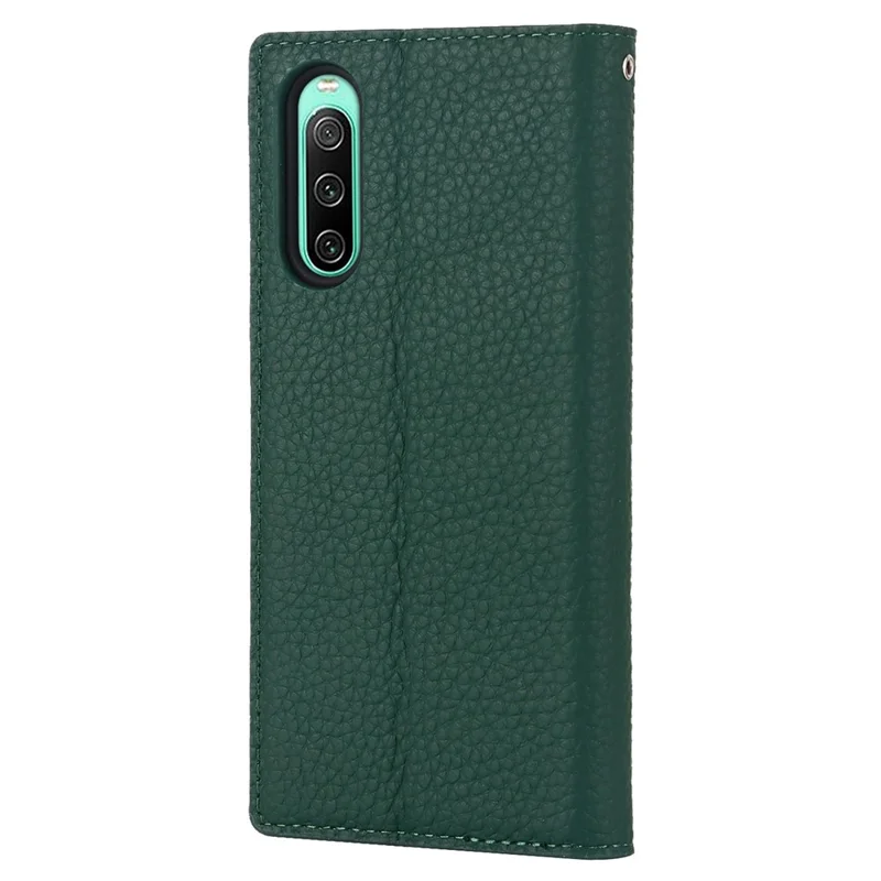 For Sony Xperia 10 IV 5G Shockproof Genuine Leather Case Litchi Texture Wallet Stand Anti-scratch Phone Shell with Hand Strap - Green