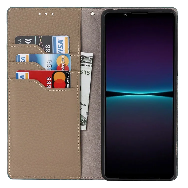 Para Sony Xperia 1 IV 5G Cubierta Completa Litchi Textura Case de Teléfono de Cuero Genuino Soporte de Protección Anti-caza Con Correa de Muñeca - Bebe Azul