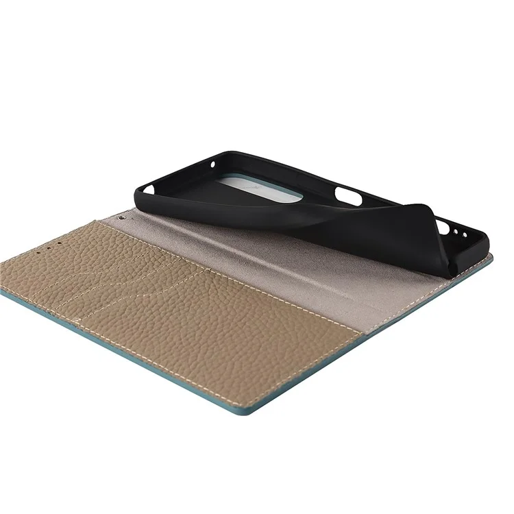 Para Sony Xperia 1 IV 5G Cubierta Completa Litchi Textura Case de Teléfono de Cuero Genuino Soporte de Protección Anti-caza Con Correa de Muñeca - Bebe Azul