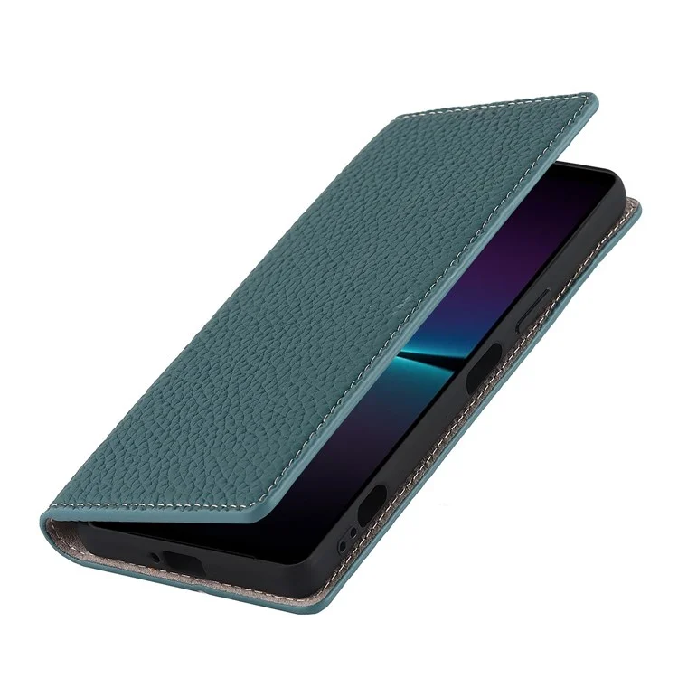 Para Sony Xperia 1 IV 5G Cubierta Completa Litchi Textura Case de Teléfono de Cuero Genuino Soporte de Protección Anti-caza Con Correa de Muñeca - Bebe Azul