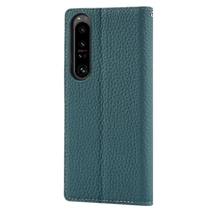 Para Sony Xperia 1 IV 5G Cubierta Completa Litchi Textura Case de Teléfono de Cuero Genuino Soporte de Protección Anti-caza Con Correa de Muñeca - Bebe Azul