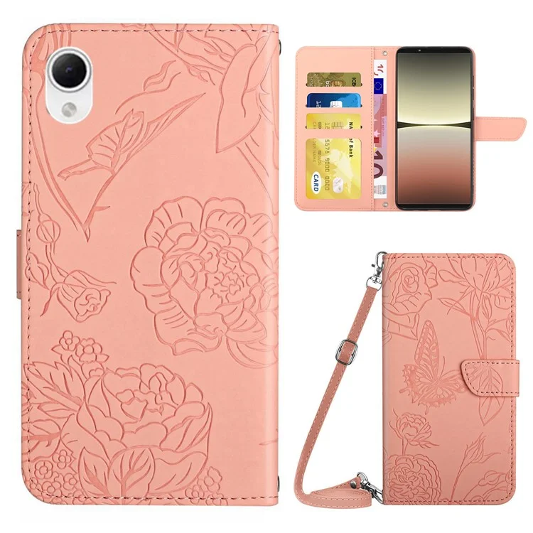 Per Sony Xperia 5 IV 5G Fiori di Farfalla Portafoglio Impronte Custode Per la Pelle Per la Pelle Flip Coperchio Con Spalla - Rosa
