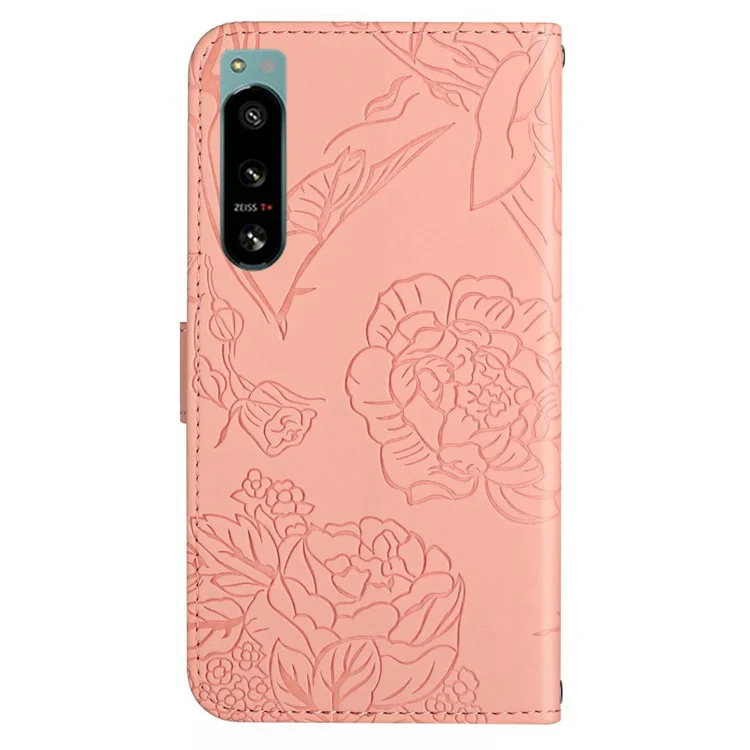 Per Sony Xperia 5 IV 5G Fiori di Farfalla Portafoglio Impronte Custode Per la Pelle Per la Pelle Flip Coperchio Con Spalla - Rosa