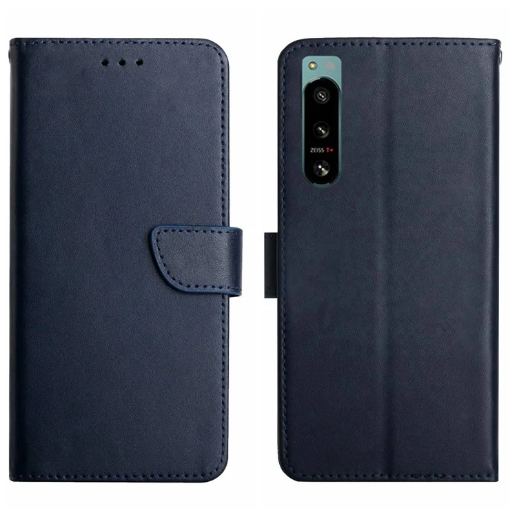 For Sony Xperia 5 IV 5G HT02 Nappa Texture Genuine Leather Wallet Case Stand Magnetic Closure Solid Color Cover - Blue