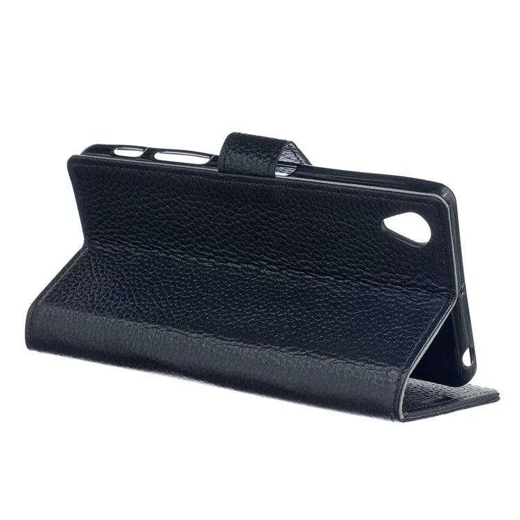Litchi Genuine Leather Wallet Case for Sony Xperia X - Black