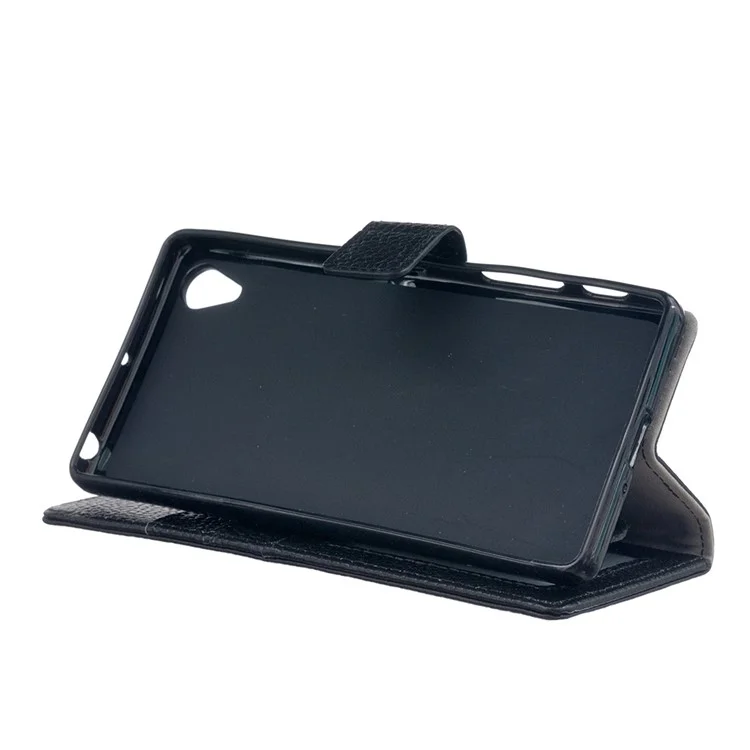 Litchi Genuine Leather Wallet Case for Sony Xperia X - Black