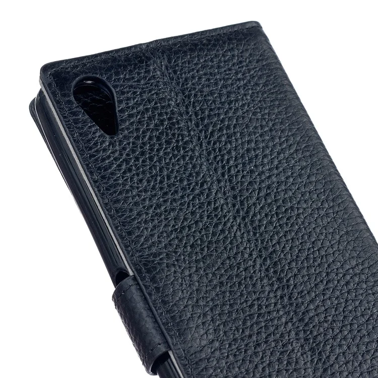 Litchi Genuine Leather Wallet Case for Sony Xperia X - Black