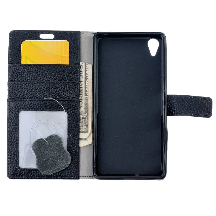 Litchi Genuine Leather Wallet Case for Sony Xperia X - Black