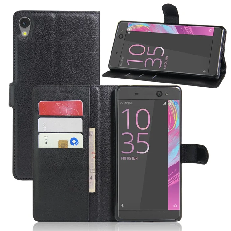 Litchi Skin Wallet Leather Stand Case for Sony Xperia XA Ultra - Black