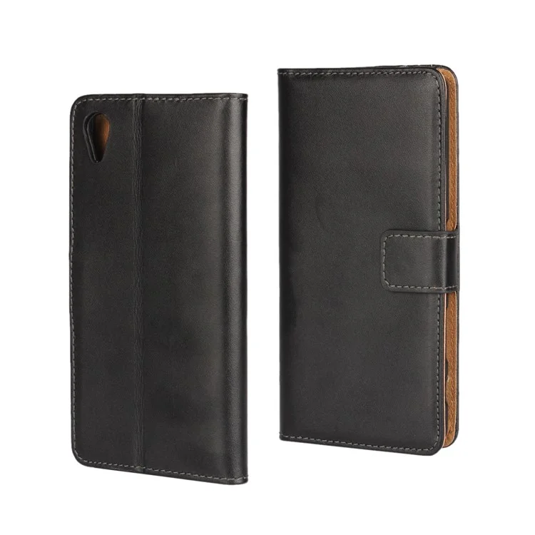 Genuine Split Leather Wallet Stand Case for Sony Xperia X - Black