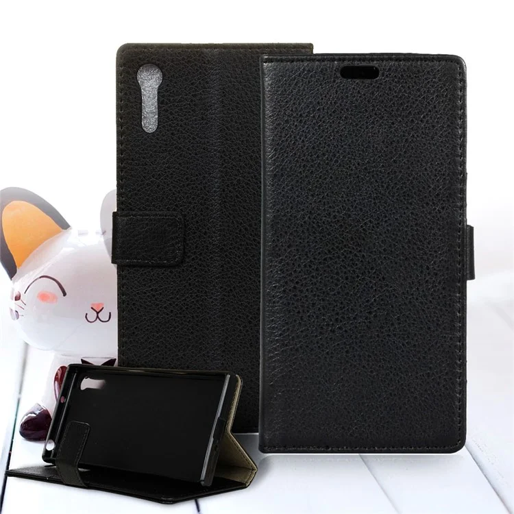 Litchi Skin Leather Wallet Case for Sony Xperia XZs / XZ - Black