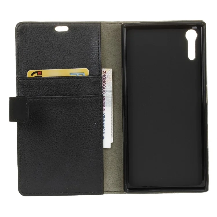 Litchi Skin Leather Wallet Case for Sony Xperia XZs / XZ - Black