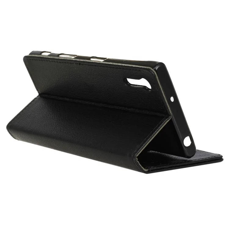 Litchi Skin Leather Wallet Case for Sony Xperia XZs / XZ - Black
