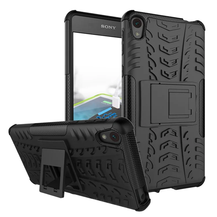 Anti-slip PC + TPU Hybrid Case for Sony Xperia E5 with Kickstand - Black