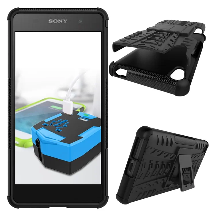 Anti-slip PC + TPU Hybrid Case for Sony Xperia E5 with Kickstand - Black