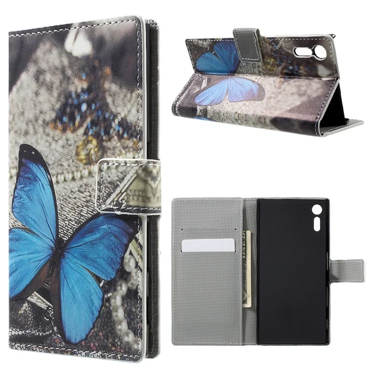 Patterned Leather Wallet Stand Cover for Sony Xperia XZs / XZ - Blue Butterfly