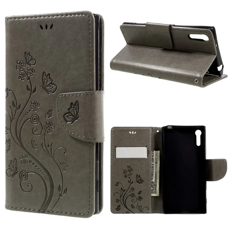 Imprint Floral Butterfly Leather Cover for Sony Xperia XZs / XZ with Lanyard - Grey