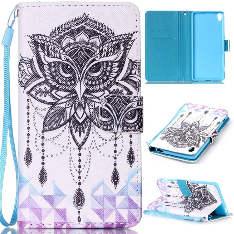 Patterned Leather Wallet Case with Lanyard for Sony Xperia XA / XA Dual - Owl and Crystal Decor
