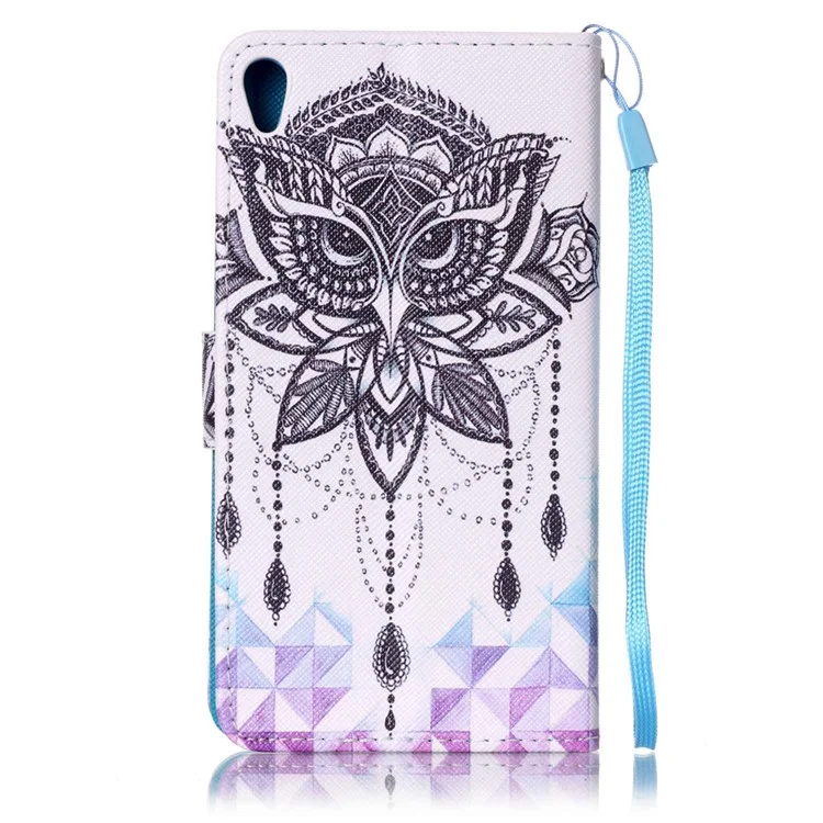 Patterned Leather Wallet Case with Lanyard for Sony Xperia XA / XA Dual - Owl and Crystal Decor