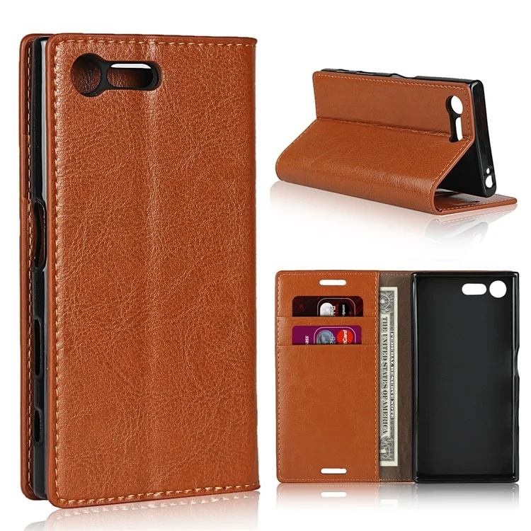 Crazy Horse Genuine Leather Mobile Casing Wallet for Sony Xperia X Compact - Brown