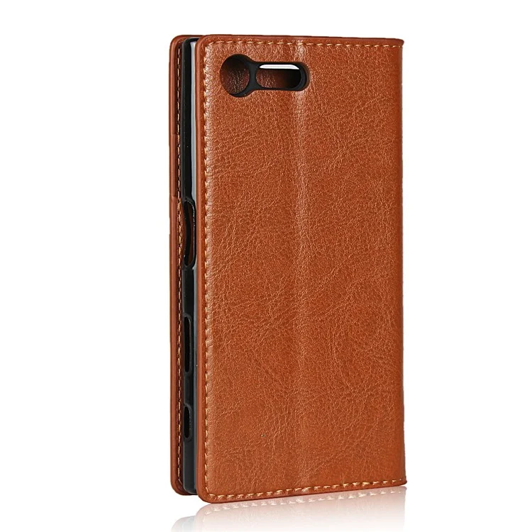 Crazy Horse Genuine Leather Mobile Casing Wallet for Sony Xperia X Compact - Brown