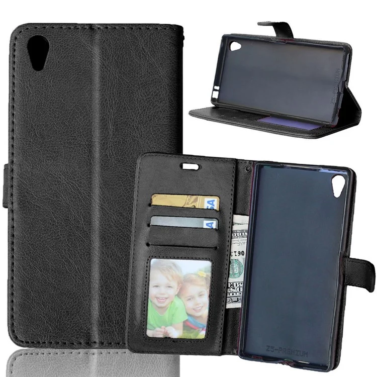 Crazy Horse Leather Wallet Case for Sony Xperia Z5 Premium / Dual - Black